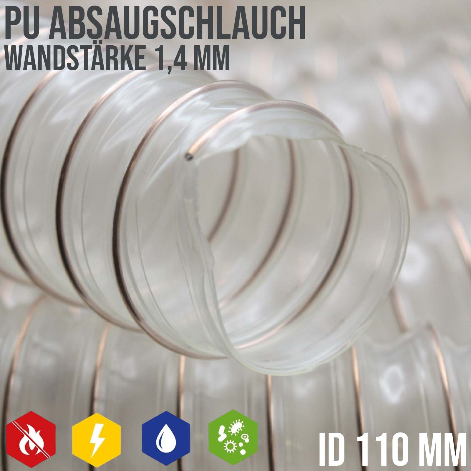 110 mm PU Saug Ansaug Druck Spiral Flex Staub Holz Metall Späne Schlauch Anlage - Wandstärke 1,4 mm - PN 1,10 bar