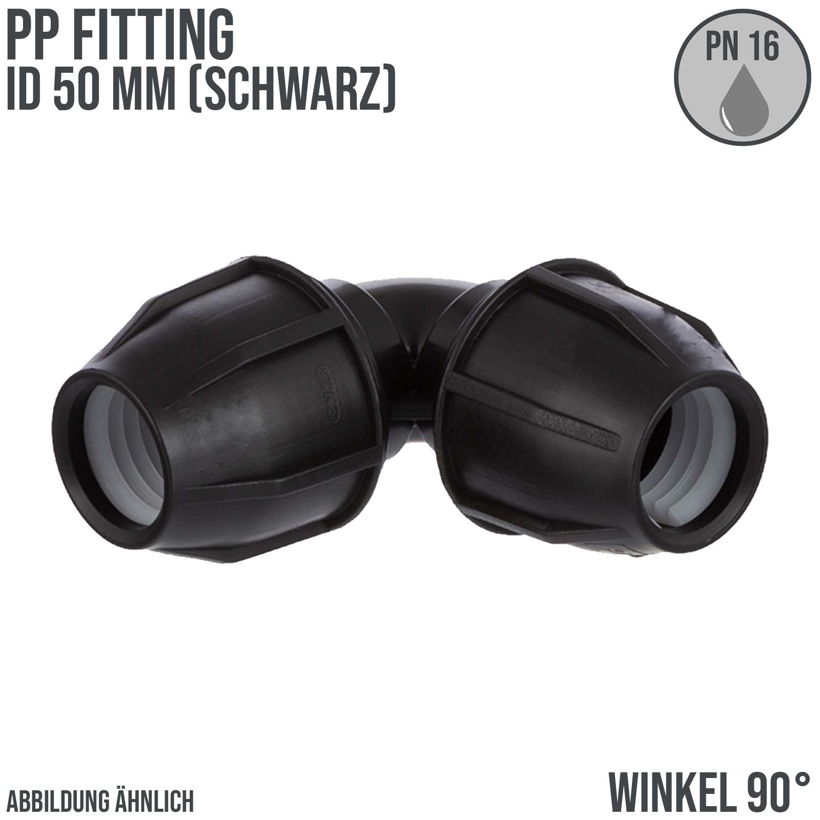 50 mm PE PP Fitting Klemm Verbinder Verschraubung Muffe Rohr Winkel 90° schwarz - PN 16 bar