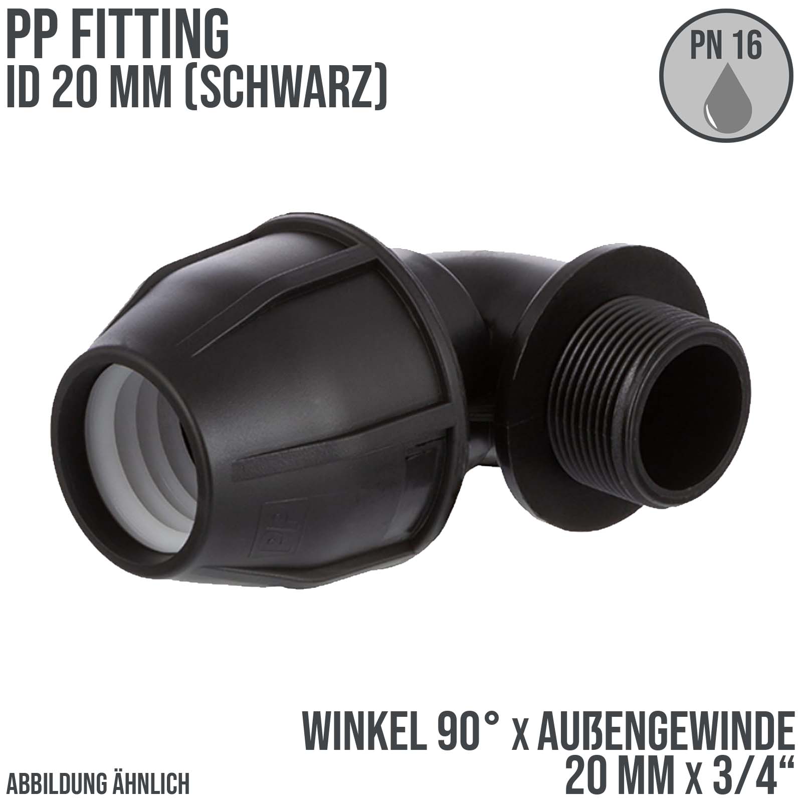 20 mm x 3/4" PE PP Fitting Klemm Verbinder Verschraubung Rohr Winkel 90° x AG schwarz - PN 16 bar 